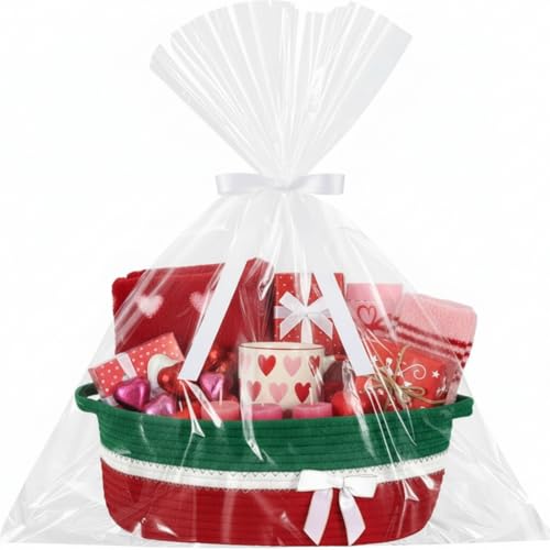 Image of Colingmill 1 Set Woven Basket for Gift Empty with Cellophane Wrap Set 14 x 10 x 5.5 Inch, Medium Decorative Gift Basket Empty to Fill, Cotton Rope Storage Box Decor (Red Green)