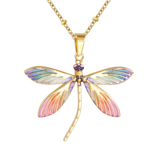 Lauren-Spencer Colorful Dragonfly Pendant Necklace Stainless Steel Gold Plated Necklace for Women Nature Inspired Fashion Accessory Gift (Style A)