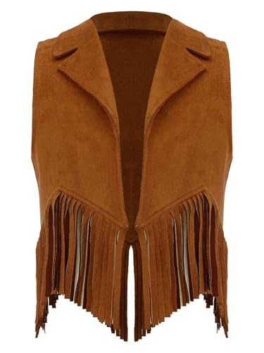 YiZYiF Girl's Faux Suede Tassel Vest Notch Lapel Sleeveless Hippie Cardigan Cowgirl Fringe Jacket