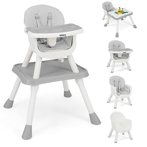 Image of INFANS 6 in 1 Baby High Chair, Convertible Highchair for Babies and Toddlers, Building Block Table, Kids Table Chair Set with Removable Double Tray Safety Harness, Infant Feeding Chair (Grey)