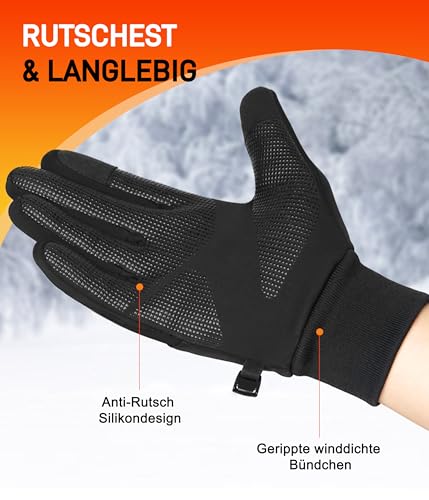 YESWEL Fahrradhandschuhe Herren Damen, Thermo Wasserdicht Handschuhe, Touchscreen Winterhandschuhe, Warme Winddichte Laufhandschuhe (Schwarz, L)