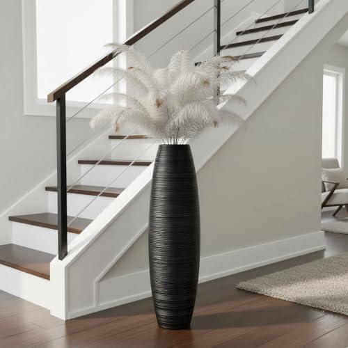 Image of Large Floor Vase 35.4 inch Matte Black, Resin Wide-Body Vase with Horizontal Ribbed Texture for Dried Pampas Grass Branches, Modern Home Decor for Living Room Corner Entryway