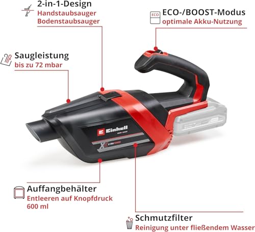 Einhell Akku-Handstaubsauger TE-HV 18/06 Li-Solo Power X-Change (18 V, 72 mbar Saugleistung, inkl. Fugendüse, Polsterdüse, Bodendüse, 0,6 L Staubbehälter, ohne Akku)