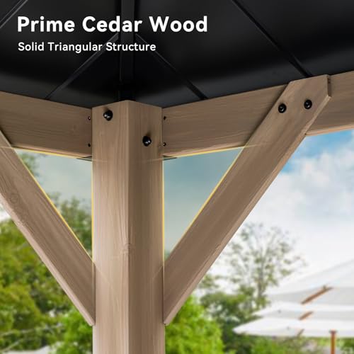 Image of Aoxun 12' x 16' Outdoor Wood Gazebo, Hardtop Gazebo Permanent Wooden Pavilion with Galvanized Steel Double Roof, for Patio, Garden, Backyard, Cedar Wood, Grey