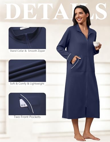Image of Ekouaer Zipper Robes for Women Long Sleeve Lightweight House Coats with Pockets Zip Up Bathrobe Loungewear S-3XL