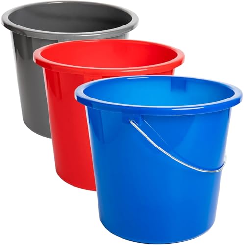 Sustania Juego de 3 cubos de 10 l con escala de medición, cubo de limpieza en rojo, azul, gris, fabricado en la UE, apto para alimentos, multiusos, plástico