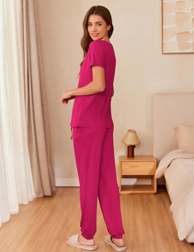 Image of Ekouaer Womens Pajama Sets Short Sleeve Lounge Sets for Women Printed Jogger Pajama Set 2 Piece Pj Sets With Pockets S-XXL