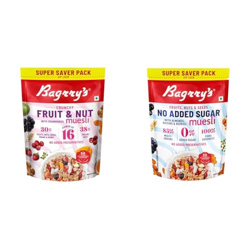 Image of Bagrry's Crunchy Fruit & Nut Muesli with 30% Real Fruits, Nuts & Seeds- 750G | 16 Real & Freeze + Bagrry's No Added Sugar Muesli with Fruits, Nuts & Seeds - 700g | High Fibre & Protein | 0%