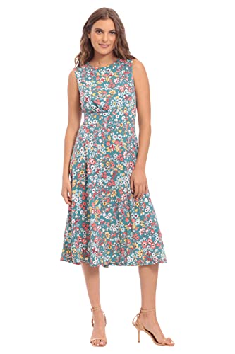 Image of London Times Women's Sleeveless Inset Waist Midi Fit and Flare Dress