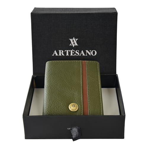 Artesano Olive Men’s Genuine Leather Wallet | RFID Secure | Slim Bifold Gents Purse with Card Holder | Minimalist & Stylish Design (Olive/Tan)