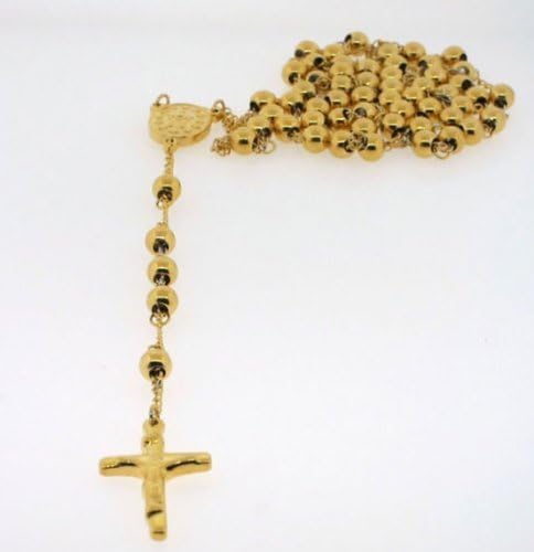 14k YELLOW GOLD FINISH 8MM STAINLESS STEEL MENS ROSARY CHAIN NECKLACE CROSS