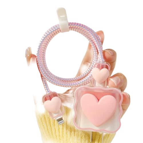 Image of EDNITA Charging Cable Protector with 3D Cute Pink Heart Pattern for iPhone 18W & 20W | Flexible Silicone Cable Saver