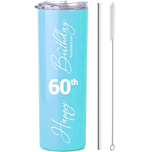 Happy 60th Birthday Tumbler 20 oz White Stainless Steel| 60th Birthday Party Supplies