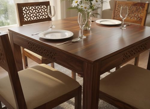 Image of RECTART Solid Wood Dining Table Set with Chairs for Living Room Home | Wooden Dining Room Sets Furniture for Hotels and Restaurants | (CNC-White-N, 4 Seater)