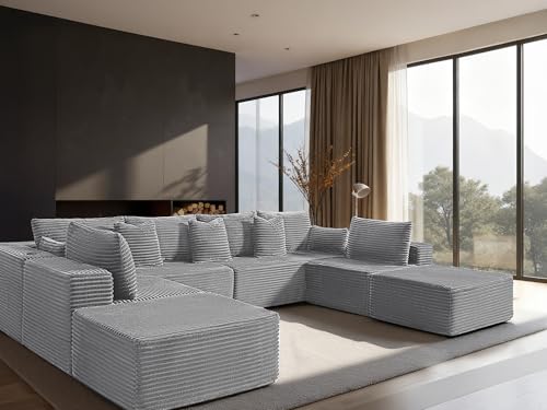 Image of 138 inch Cloud Sectional Couch, Comfort U Shaped Sofa for Living Room, Extra Deep Seats No Assembly, Minimalist Modular Couch, Corduroy (Light Grey, 8 Seats,U-Shape A)