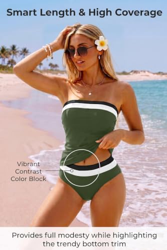 Image of Daci Women Strapless Tankini Tummy Control 2 Piece Bandeau Swimsuit | Full Coverage,Removable&Adjustable Straps,Built-in Soft Unremovable Bra,Ruched Tummy Control,Mid Waist Bottom,Fully Lined
