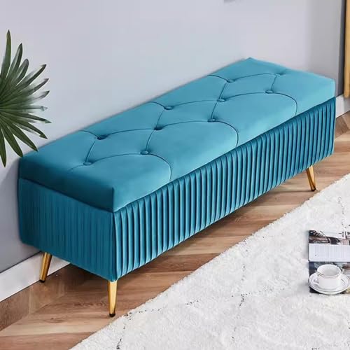 QYMYOZ Banco Zapatero Moderno Azul para recibidor con otomana de Almacenamiento capitoné, Taburete Rectangular tapizado para Sala de Estar, Dormitorio o pie de Cama (60 cm).