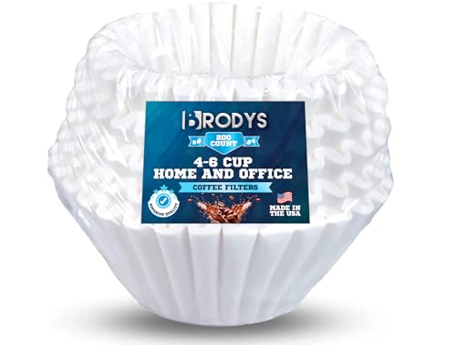 Brodys Coffee Filters 4-6 Cups - Junior Basket Style (200 Count), White Paper, Chlorine Free, All-Natural Paper, No Messy Ground Overflow