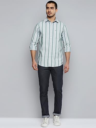 Image of Allen Cooper Pure Cotton Striped Full Sleeve Shirts for Men(67OW-42) Olive-White