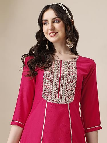 Image of EthnicJunction Women's Cotton Silk Embroidered Kurta Palazzo and Dupatta Set | Wedding Dress | Ethnic |Outfit