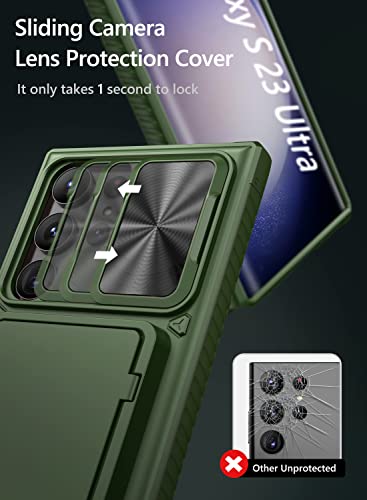 Image of Vihibii Polycarbonate For Samsung Galaxy S23 Ultra Back Cover With Card Holder(4 Cards)& Slide Camera&Kickstand,Shockproof Case For Samsung S23 Ultra,Green