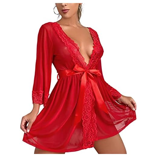 Tuopuda Camisones de Mujer Corto,Mujer Dormir con Cuello en V Sexy Mujer Lenceria Ligero y Suave Mujer Camison Vestidos Babydoll de Frente Abierto(Rojo,M)