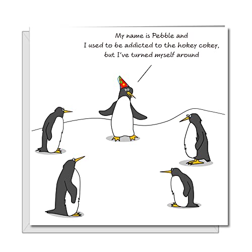 Funny Penguin Birthday Card - Cartoon Penguins in Addiction Meeting - Used to Be Addicted the Hokey Cokey - Greeting Card for Friends Mum Wife Aunty Father Family - Amusing Humour for Animal Lovers