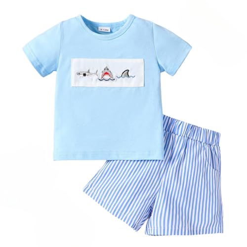 LUVCES Conjunto Ropa con Estampado Dinosaurios para Bebés Niños Manga Corta Camiseta top Pantalones Cortos 2 Piezas Lindos Conjuntos de Verano Playa de arena azul 12-18 Meses