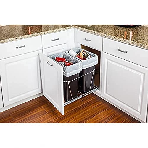 Hardware Resources Double 35-Quart Trash Bin Cabinet Pullout System - 2 Black Waste, Recycling Bins - Easy-Installation Polished Chrome Ball-Bearing Garbage Slider, Door Mounting Kit - 17.5 Gallons #TOP2