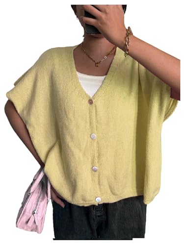 SHENHE Women's Plus Size Button Down Cardigan Cap Sleeve Loose Fit V Neck Soft Knitted Sweater