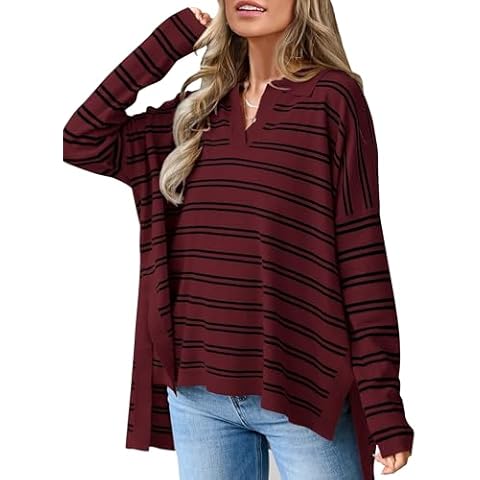 MASCOMODA Womens Sweaters Fall 2024 Oversized Striped Sweater Long Sleeve Polo V Neck Loose Side Slit Knitted Tunic Tops(Wine Red,Large) Cover