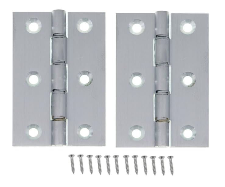 Satin Chrome 76x51mm Double Phosphor Bronze Washered Hinges, Solid Brass, Supplied with Screws - Set of 2