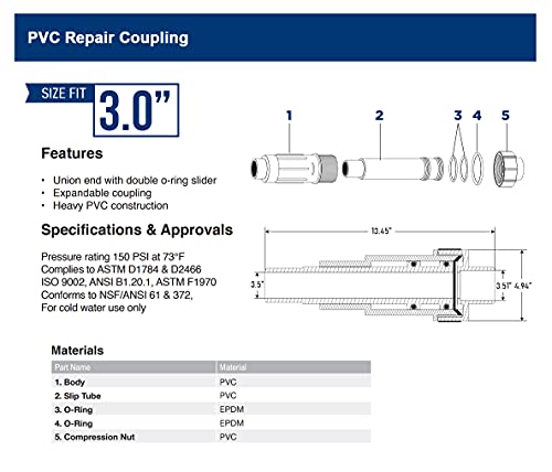Image of Midline Valve 567SD300 Heavy Duty PVC Repair Coupling; Expandable Pipe Fitting; 3 in.; White Plastic