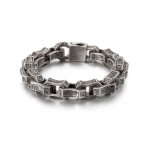 Klapgo Cuban Link Bracelet for Men Stainless Steel Wave Engraved Chain Mens Bracelet Vintage Silver Bracelet for Men Unique Jewelry Gifts for Him (Silver 9.05)