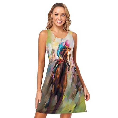ALAZA Horse Racing Watercolor Women Summer Dresses Casual Sleeveless Sundress with Pockets Tank Dress L