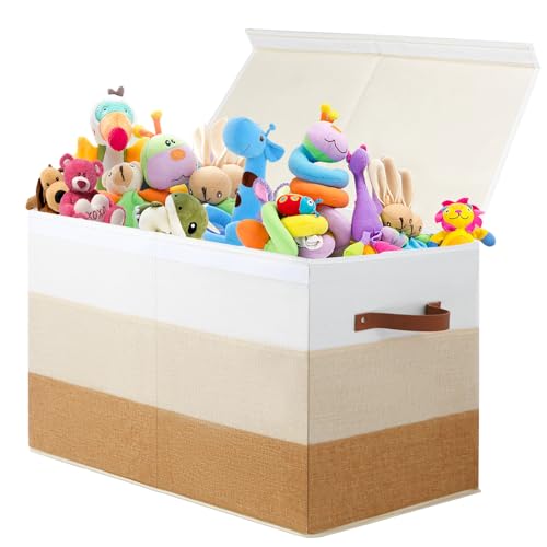 Image of Mayniu Large Toy Box Chest with Divider, Sturdy Toy Storage Bin Organizer Baskets with Lid for Kids, Boys, Girls, Nursery, Living Room, Bedroom, Playroom, Closet, 25 inchx13 inch x16 inch(Gradient Brown)
