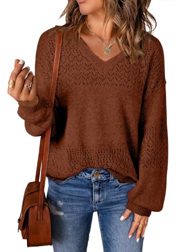 Image of SHEWIN Women's Sweaters Casual Long Sleeve V Neck Crewneck Lightweight Crochet Pullover Sweater Tops