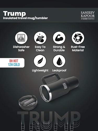 Image of Sanjeev Kapoor by Classic Essentials Stanley Stainless Steel 1200ML Tumbler with Lid and Straw, Hot and Cold Double Insulated Sipper Mug, 100% Leak Proof Coffee Tumbler Cupholder for Office (Black)