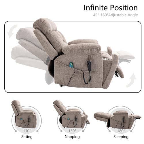 Dual Motor Power Lift Chair Recliners, 180°Lay Flat Sleeping Recliner Chairs for Elderly with Heat Massage, Spacious Seat, Cup Holders, Side Pockets, Lumbar Pillow, Up to 400LBS