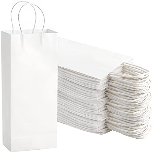 WUWEOT 50 Pack Paper Wine Bags Kraft Bag Bluk White Gift Shopping Party Bag Recyclable Retails Wrapping Bags with Handle 5.4 x 3.3 x 13