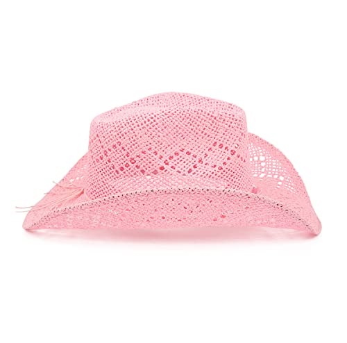Tovoso Western Cowgirl Hat, Straw Cowboy Hat For Women With Shapeable Brim, Beaded Hearts Trim, Shapeable Cowboy Hat, Light Pink #TOP3