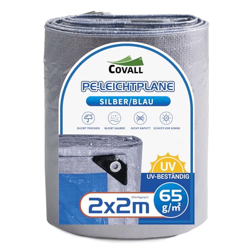 COVALL Auto Plane 2x2m - PE-Leichtplane 65g/m² Silber/Blau, Wasserdicht/UV-beständig für Cabrio, Motorrad und Kleinfahrzeuge