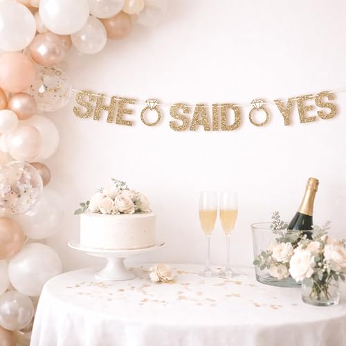 Image of Pre-Strung She Said Yes Banner - Gold Glitter Engagement Bridal Banner | No DIY - Pre-Strung on 10 ft Strand - Just Engaged, Bride to Be, Engagement Party Decorations & Decor