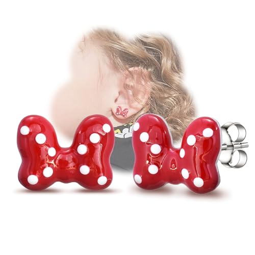 Cute Stud Earrings for Girls Teens Women - Sterling Silver Hypoallergenic Cubic Zirconia Mouse Drop Dangle Earrings Dainty Sweet Red Bow Earrings Studs Post Fashion Jewelry Gifts for Christmas