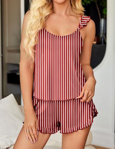 Image of Ekouaer Pajamas for Women set 2 Piece Ruffle Tank Top Split Leg Cami Shorts