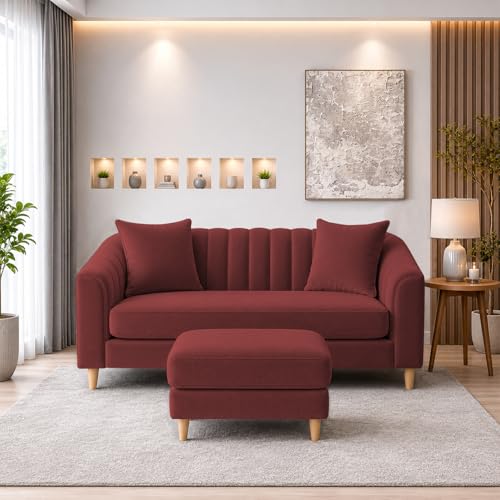 Image of Doraldo 2 Seater Sofa Set with Ottoman for Living Room (Maroon) Premium Fabric Sofa