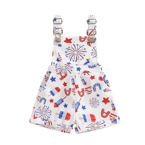 One opening 6M-6T 4th of July Baby Girl Clothes Ice Cream USA Firework Overalls Romper Suspender Shorts Toddler Girl Clothes (White, 5-6 Years)