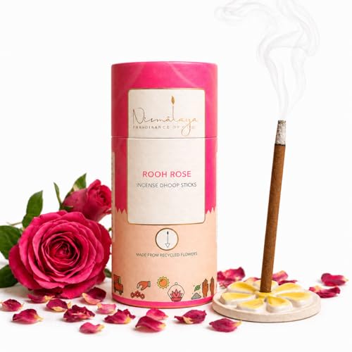 Image of Nirmalaya Premium Rooh Rose Bambooless Dhoop Sticks (40 Sticks) with Ceramic Stand Sacred Temple Flower | 100% Charcoal-Free | for Pooja, Meditation, Yoga & Home Fragrance