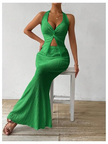 Image of SOLY HUX Women's Two Piece Outfits Twist Front Halter Cami Tops and Skirt Summer Set