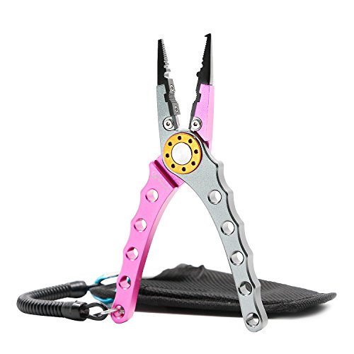 Split Ring Pliers - Aluminum Fishing Pliers Hook Remover Tungsten Carbide Cutters Saltwater Resistant Fishing Gear Split Ring Fish Holder with Coiled Lanyard & Sheath Fishing Gifts for Men(Red)